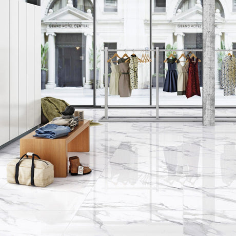 Statuario Mercury White Polished Tile s on floor