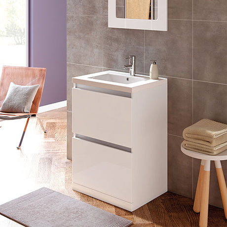 Tabo Delfina White Gloss Floor Standing 2 Drawer Basin Unit & Basin (615mm pictured)