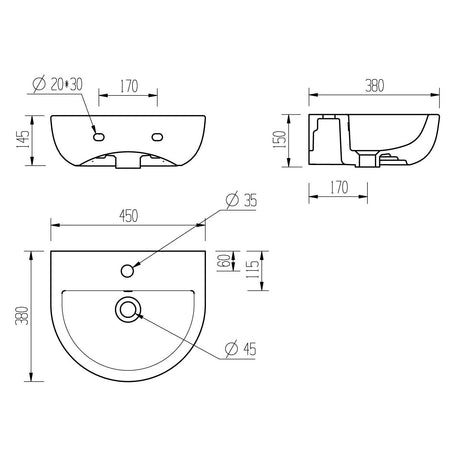 Tabo Lantana 1TH Cloakroom Basin & Bottle Trap 450 x 380mm