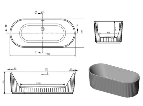 Tabo Neve Fluted Freestanding Bath 1700 x 750 x 570mm