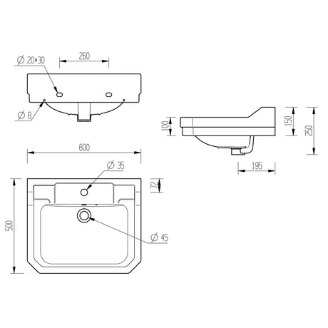 Tabo Primrose Basin & Full Pedestal 600 x 500mm