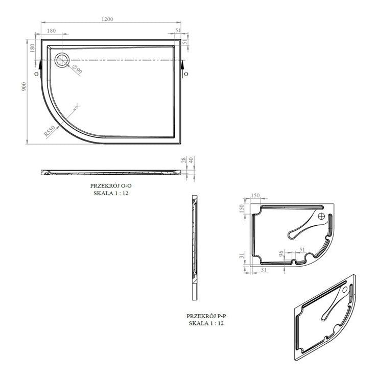 Tabo Splash Low Profile Offset Quadrant Tray & Waste (LH) 1200 x 900 x 40mm