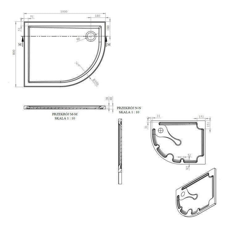 Tabo Splash Low Profile Offset Quadrant Tray & Waste (RH) 1000 x 800 x 40mm