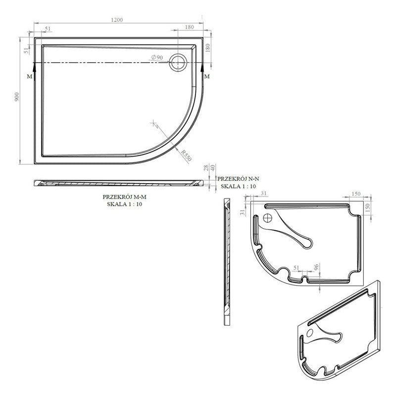 Tabo Splash Low Profile Offset Quadrant Tray & Waste (RH) 1200 x 900 x 40mm