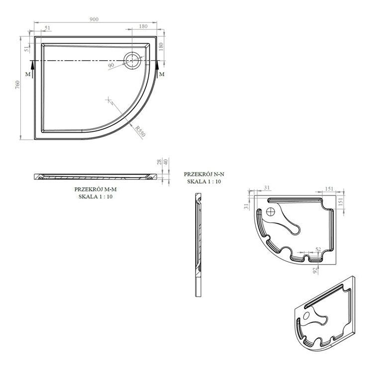Tabo Splash Low Profile Offset Quadrant Tray & Waste (RH) 900 x 760 x 40mm