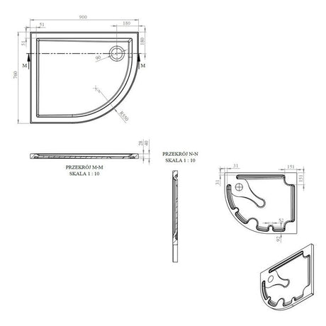 Tabo Splash Low Profile Offset Quadrant Tray & Waste (RH) 900 x 760 x 40mm