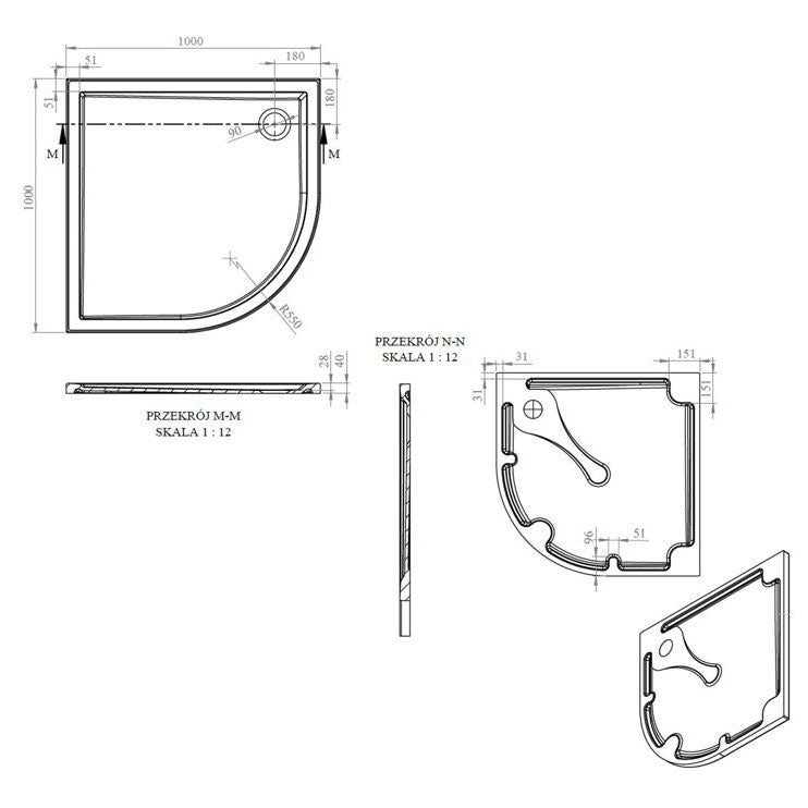 Tabo Splash Low Profile Quadrant Tray & Waste 1000 x 1000 x 40mm
