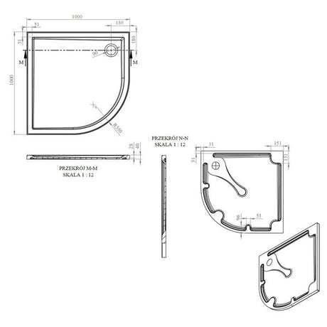 Tabo Splash Low Profile Quadrant Tray & Waste 1000 x 1000 x 40mm
