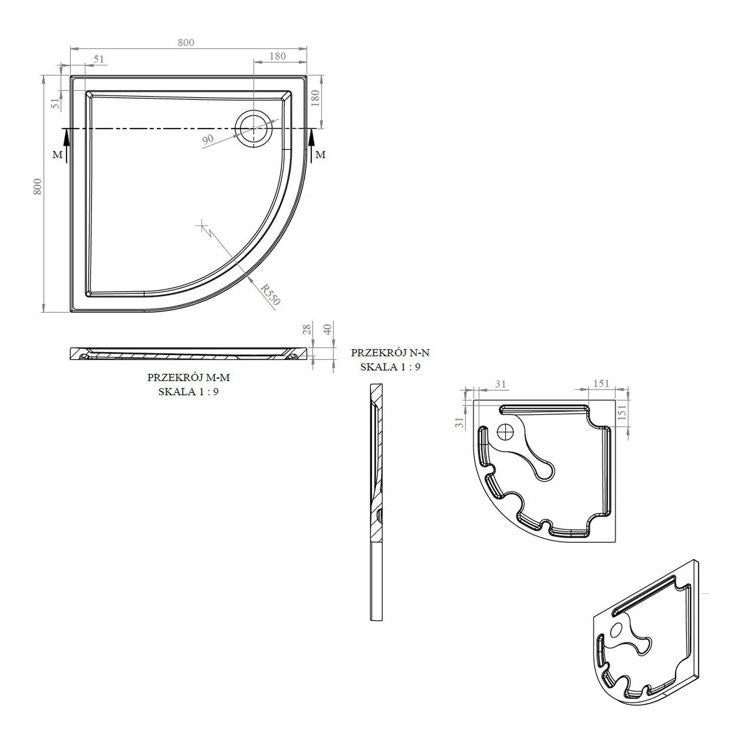 Tabo Splash Low Profile Quadrant Tray & Waste 800 x 800 x 40mm