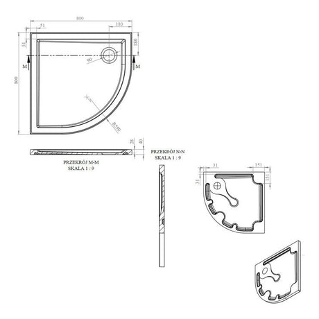 Tabo Splash Low Profile Quadrant Tray & Waste 800 x 800 x 40mm