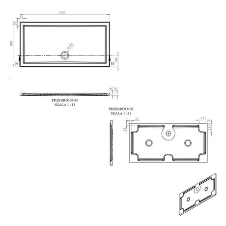 Tabo Splash Low Profile Rectangular Tray & Waste 1400 x 700 x 40mm