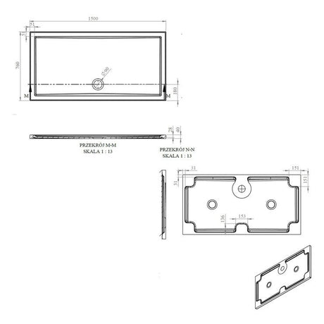 Tabo Splash Low Profile Rectangular Tray & Waste 1500 x 760 x 40mm