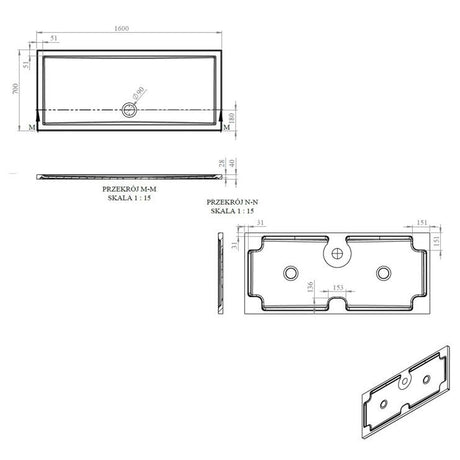 Tabo Splash Low Profile Rectangular Tray & Waste 1600 x 700 x 40mm
