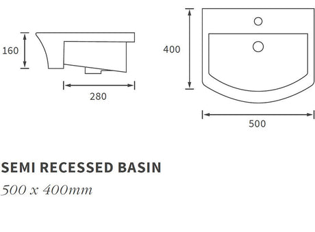 Tate 1TH Semi Recessed Basin 500 x 400mm