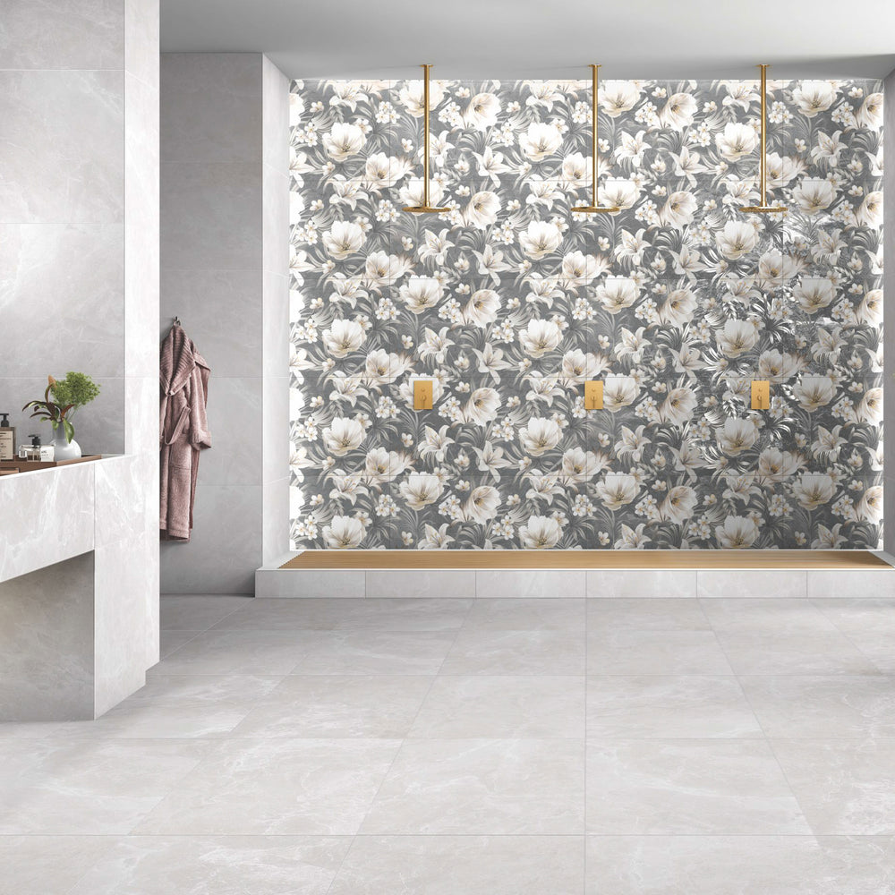 Valen Grey Decor Tile (with Valen Bianco) in bathroom
