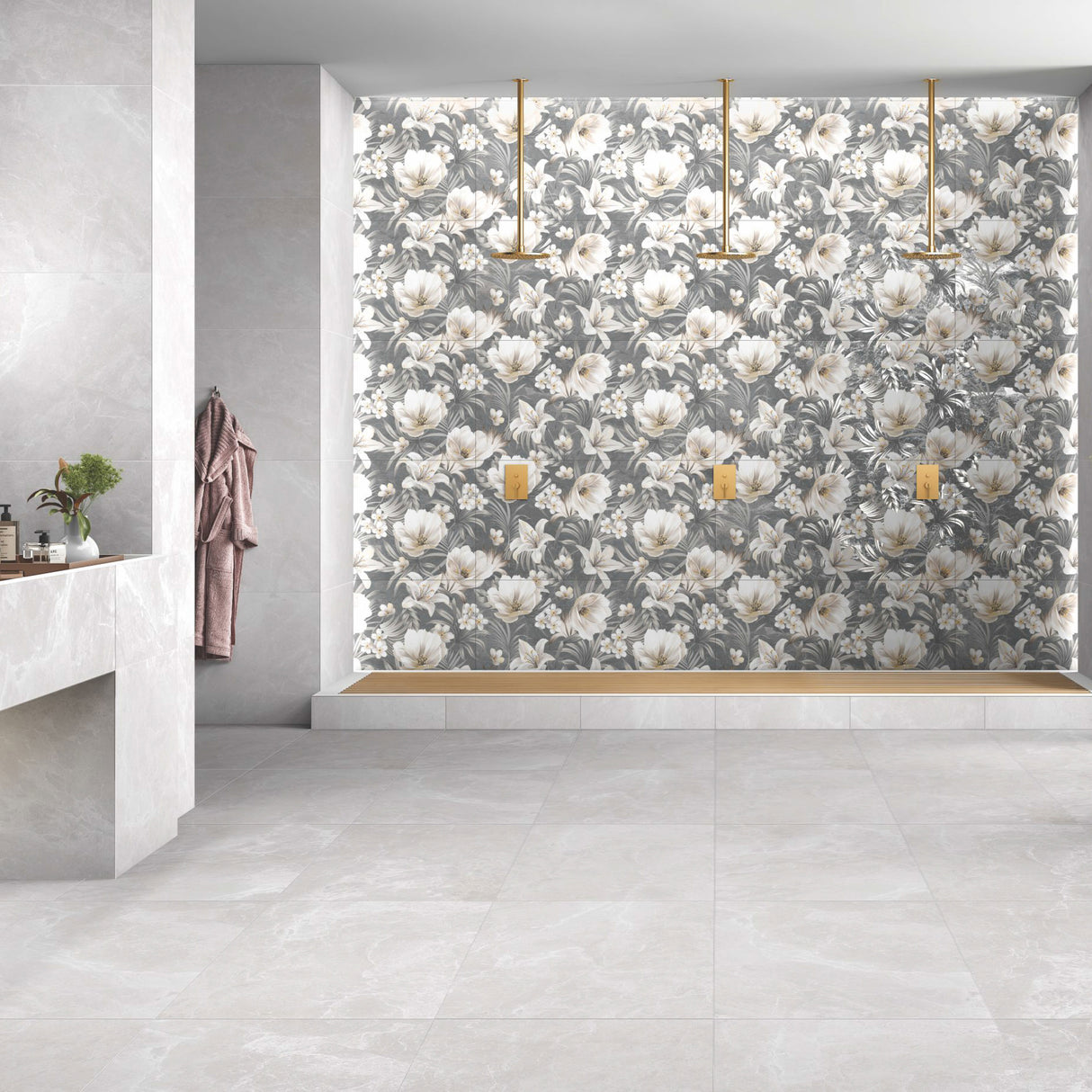 Valen Grey Decor Tile (with Valen Bianco) in bathroom