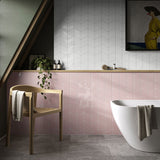 Vertex Pink (& White) Rhomboid Gloss Ceramic Wall Tiles in a bathroom