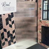 Vertex Pink (& Steel) Rhomboid Gloss Ceramic Wall Tiles in a bathroom