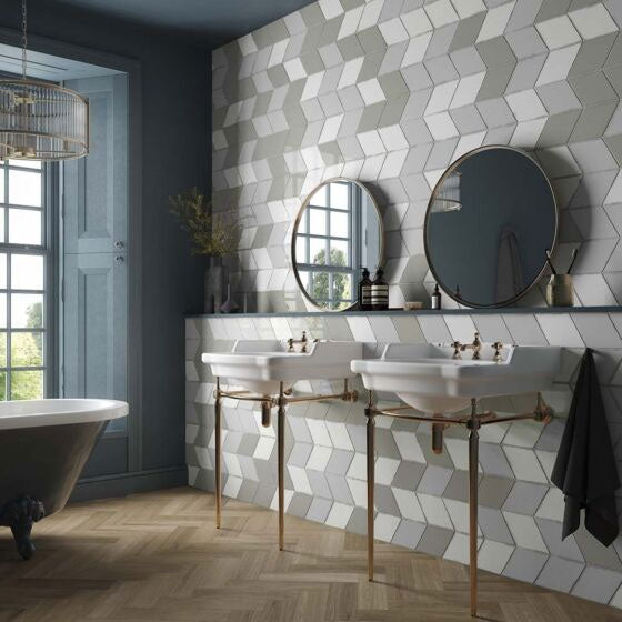 Vertex Vintage Light Grey, Taupe & White Rhomboid Gloss Ceramic Wall Tiles