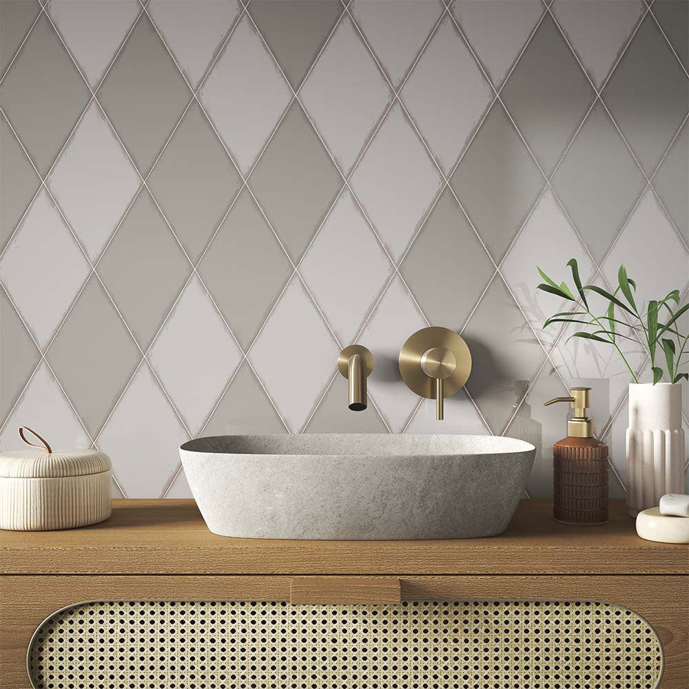 Vertex Vintage Light Grey & Taupe Rhomboid Gloss Ceramic Wall Tiles