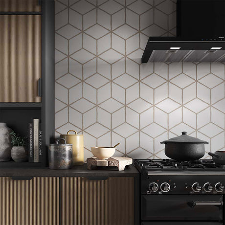 Vertex Vintage White Rhomboid Gloss Ceramic Wall Tiles in a kitchen
