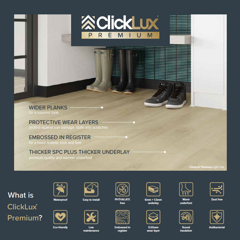What is ClickLux Premium: wider planks, protective wear layers, embossed in register texture and thicker SPC with a 1.5mm underlay, plus waterproof, warm underfoot and 0.55mm wear layer icons