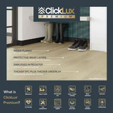 What is ClickLux Premium: wider planks, protective wear layers, embossed in register texture and thicker SPC with a 1.5mm underlay, plus waterproof, warm underfoot and 0.55mm wear layer icons