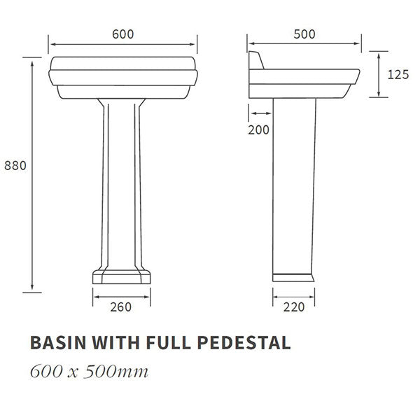 Abbey 2TH Basin & Full Pedestal 600 x 500mm