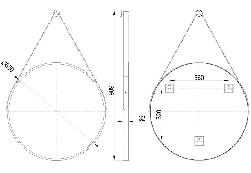 Tabo Penny Matt Black Mirror with Strap 600 x 600mm