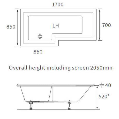 Apollo Holloway L Shape Supercast Shower Bath Pack (LH) 1700 x 850 x 560mm