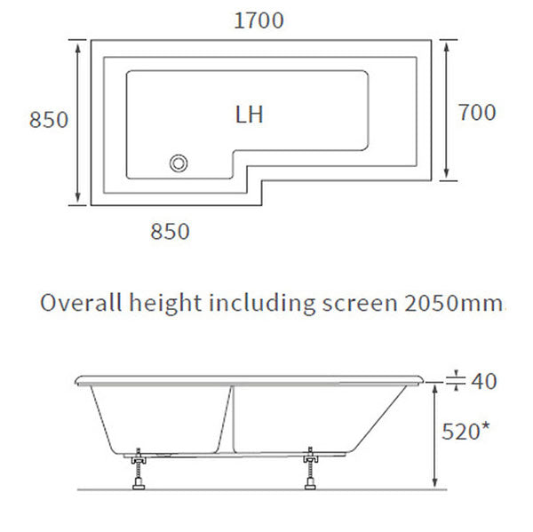 Apollo Holloway L Shape Supercast Shower Bath Pack 1700 x 850 x 560mm (left hand shown)