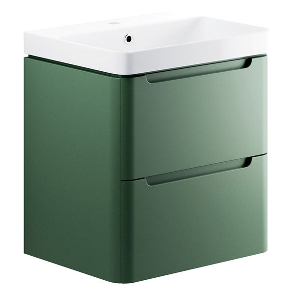 Tabo Magenta Matt Sage Green Wall Hung 2 Drawer Cloakroom Basin Unit 600mm