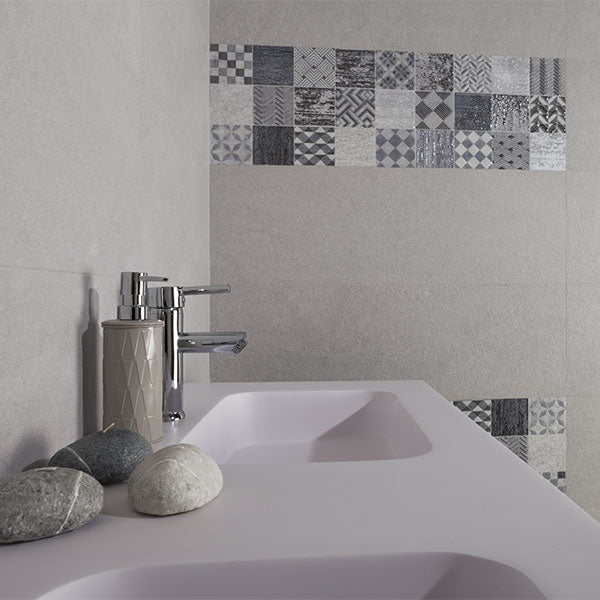 Azulev Basalt Perla Tile (Pictured with Tessuto Perla decor tile)