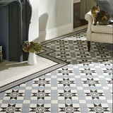 Blenheim pattern in Grey, Black & Dover White with Livingstone decorated tile and Telford border
