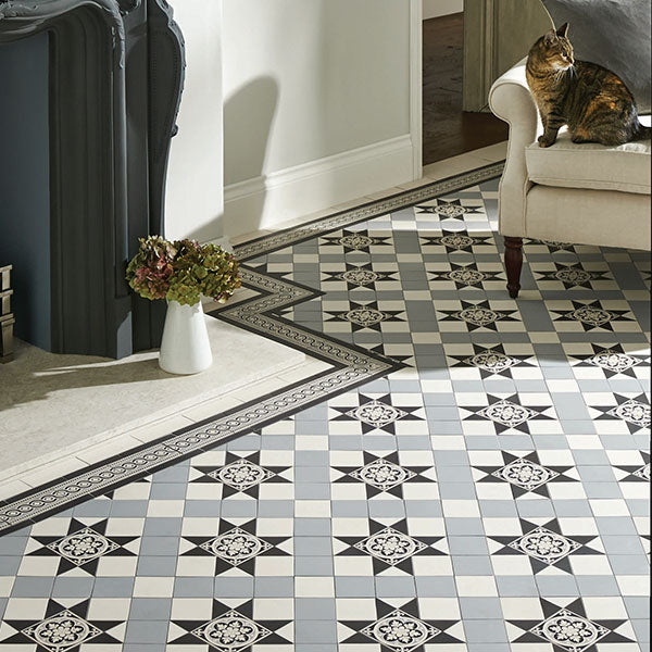 Blenheim pattern in Grey, Black & Dover White with Livingstone decorated tile and Telford border