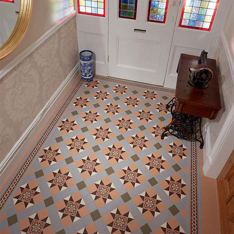 Blenheim pattern in Grey, Buff, Brown, White, Green and Livingstone decorated tile and Simple Border 4