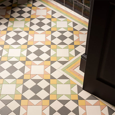 Eltham pattern in Carnation Pink, Dover White, Hawthorn Yellow, Revival Grey & Spring Green