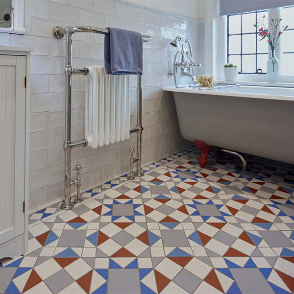 Eltham pattern with a border based on Bennett in Grey, Blue, Pugin Blue, Dover White and Red