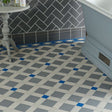 Norwich pattern in Grey, Dover White and Pugin Blue with a Bennett border