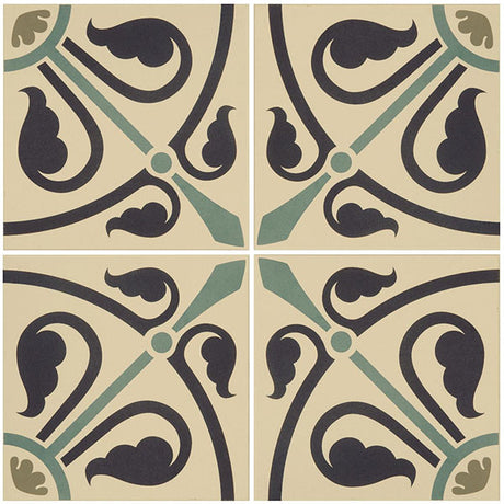 Odyssey Phoenician Dublin, Dark Blue and Dark Jade on White Tiles, pattern repeat