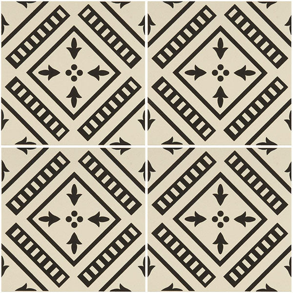 Odyssey Pompeii Black on Dover White Tiles, repeat pattern
