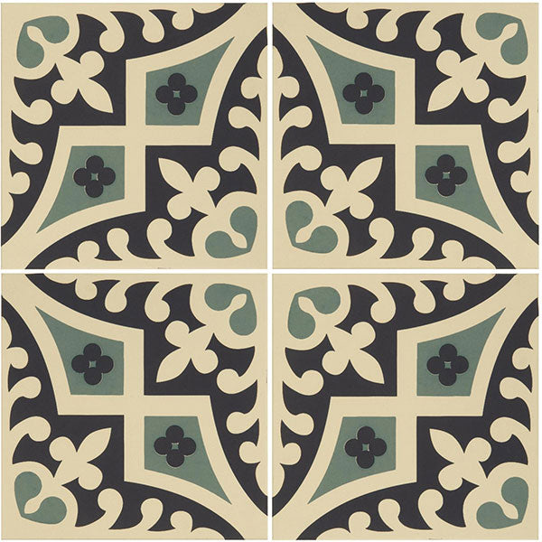 Odyssey Romanesque Dark Blue and Dark Jade on White Tiles, pattern repeat