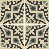 Odyssey Romanesque Dark Blue and Dark Jade on White Tiles, pattern repeat