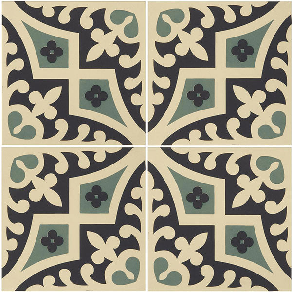 Odyssey Romanesque Dark Blue and Dark Jade on White Tiles, pattern repeat