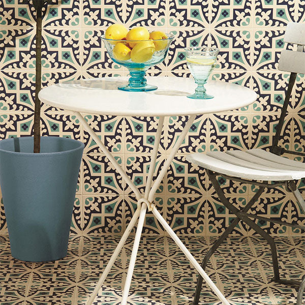 Odyssey Romanesque Dark Blue and Dark Jade on White Tiles