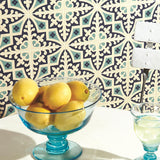 Odyssey Romanesque Dark Blue and Dark Jade on White Tiles