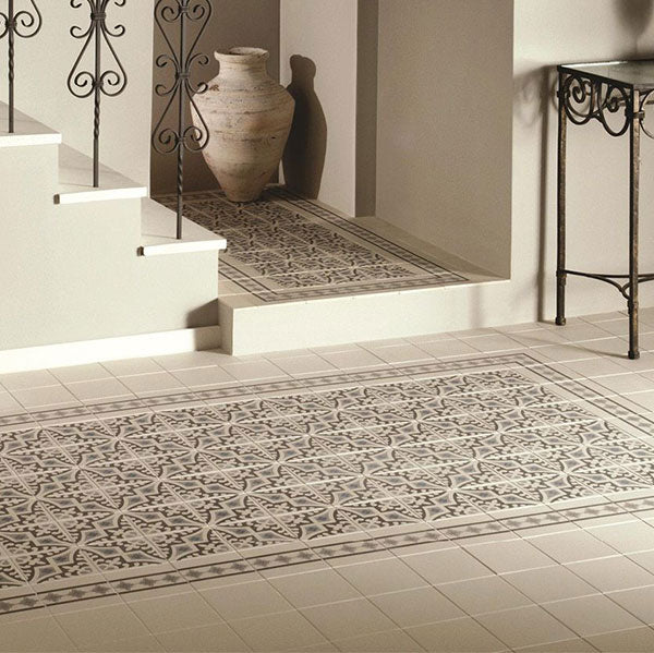 Odyssey Romanesque Light Blue, Light Grey and Dark Grey on Dover White Tiles