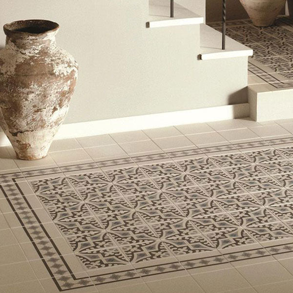 Odyssey Romanesque Light Blue, Light Grey and Dark Grey on Dover White Tiles