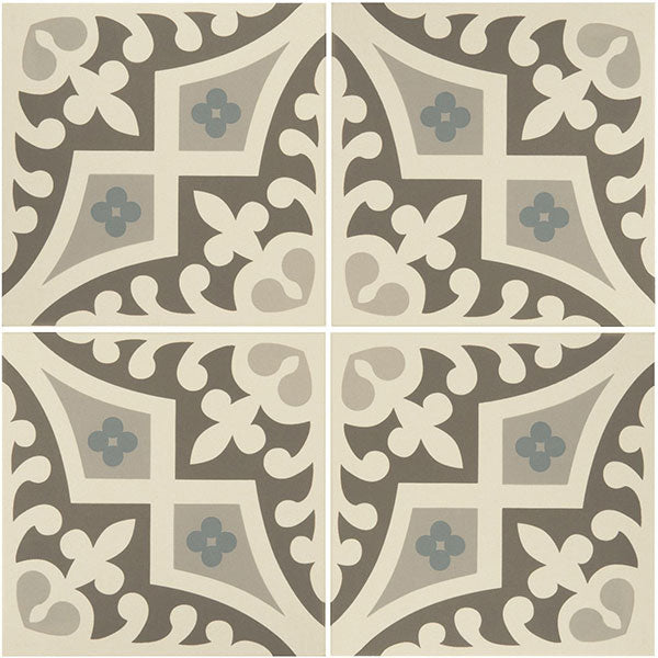 Odyssey Romanesque Light Blue, Light Grey and Dark Grey on Dover White Tiles, pattern repeat
