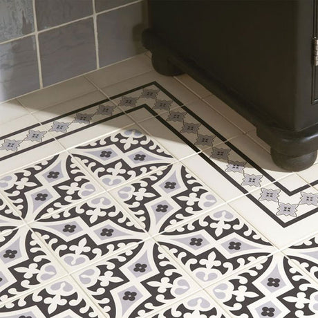 Odyssey Romanesque Light Grey and Black on White Tiles
